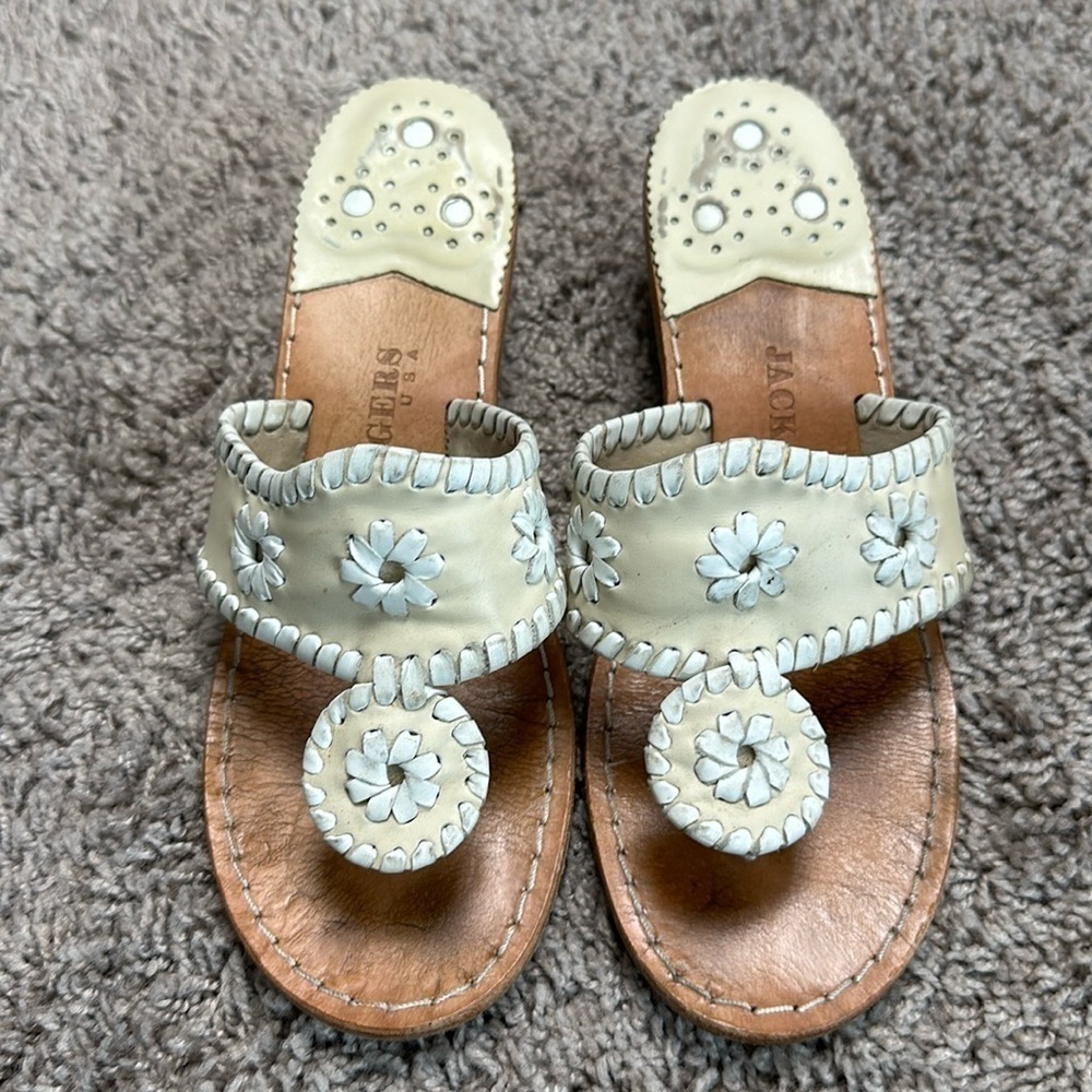 Jack Rogers Women's 6M Cream Ivory Leather Mid Wedge Rondelle Sandals
